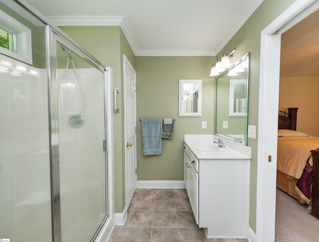 bathroom featuring ensuite bathroom, crown molding, a shower stall, vanity, and baseboards