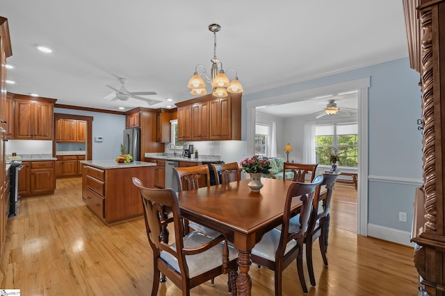 155 Mountain Lake Dr, Piedmont, SC 29673 - dining room with ceiling fan, light wood-type flooring, crown molding, baseboards, and recessed lighting