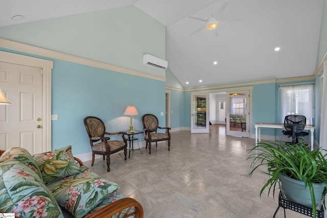 155 Mountain Lake Dr, Piedmont, SC 29673 - living area featuring baseboards, high vaulted ceiling, an AC wall unit, ceiling fan, and crown molding