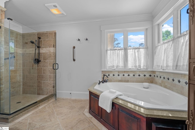 155 Mountain Lake Dr, Piedmont, SC 29673 - full bathroom featuring a shower stall, a bath, ornamental molding, baseboards, and tile patterned floors