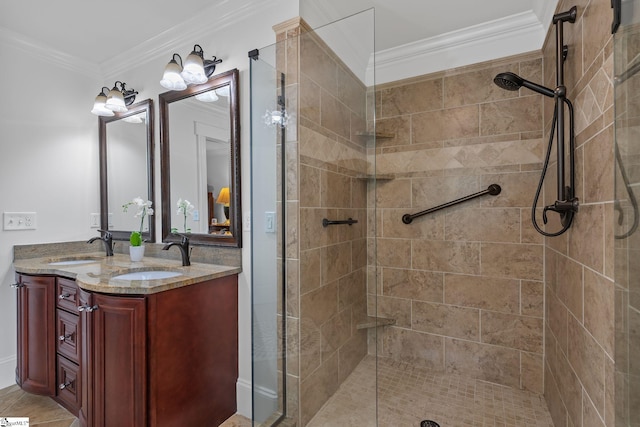 155 Mountain Lake Dr, Piedmont, SC 29673 - bathroom featuring a tile shower, double vanity, and ornamental molding