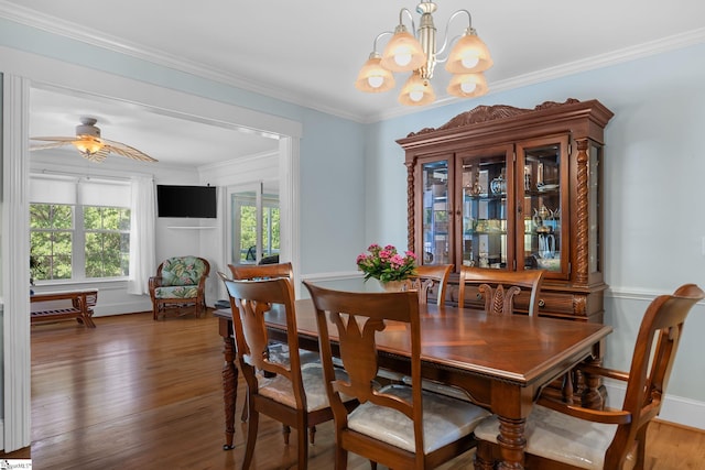 155 Mountain Lake Dr, Piedmont, SC 29673 - dining space featuring plenty of natural light, a chandelier, wood finished floors, ceiling fan, and crown molding