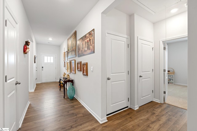51 Oak Edge Ln, Greer, SC 29651 - hallway featuring attic access, dark wood-style floors, baseboards, and recessed lighting