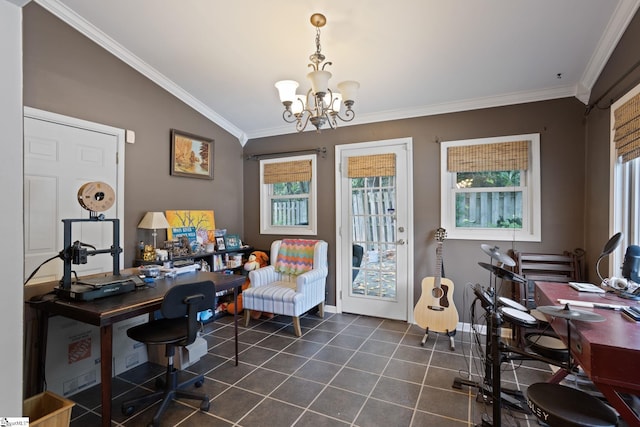 home office with a chandelier, ornamental molding, plenty of natural light, baseboards, and dark tile patterned floors