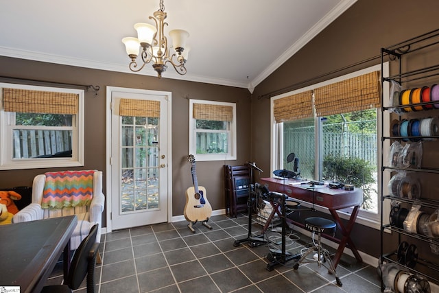 office area featuring a chandelier, baseboards, crown molding, dark tile patterned flooring, and vaulted ceiling