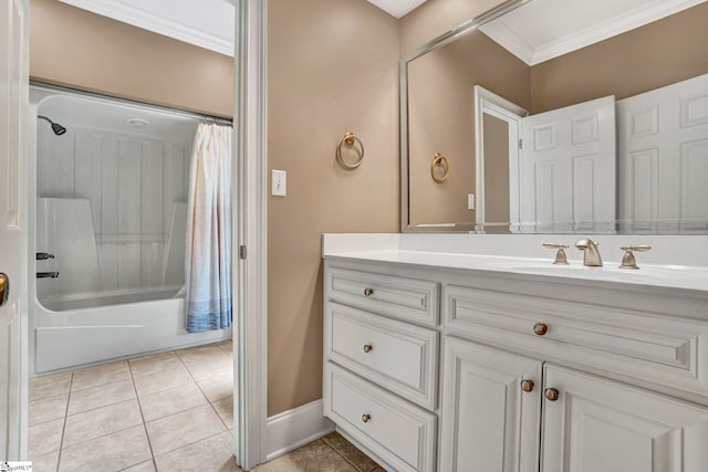 full bath with vanity, tile patterned flooring, crown molding, shower / tub combo with curtain, and baseboards