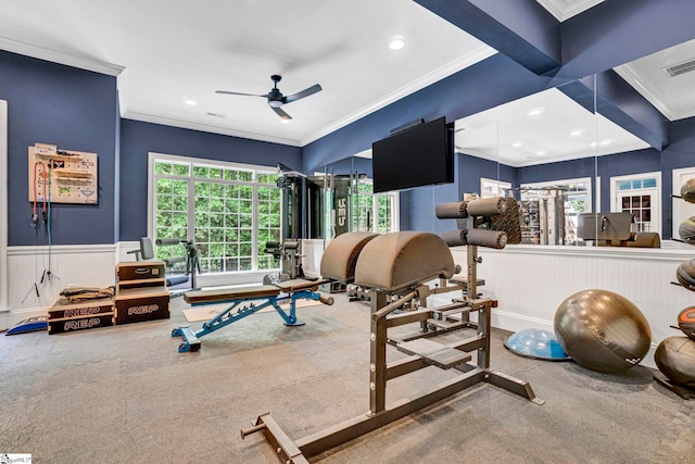 workout area with crown molding, ceiling fan, a decorative wall, recessed lighting, and plenty of natural light
