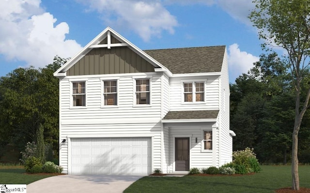view of front of house featuring roof with shingles, board and batten siding, concrete driveway, a garage, and a front lawn