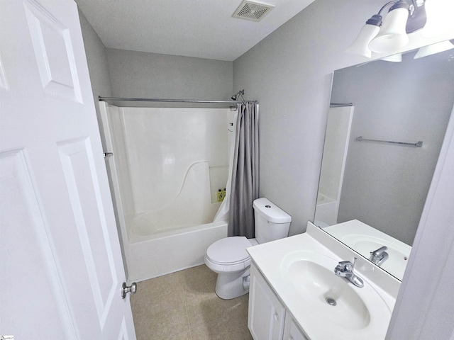 full bathroom with toilet, vanity, and shower / bath combination with curtain