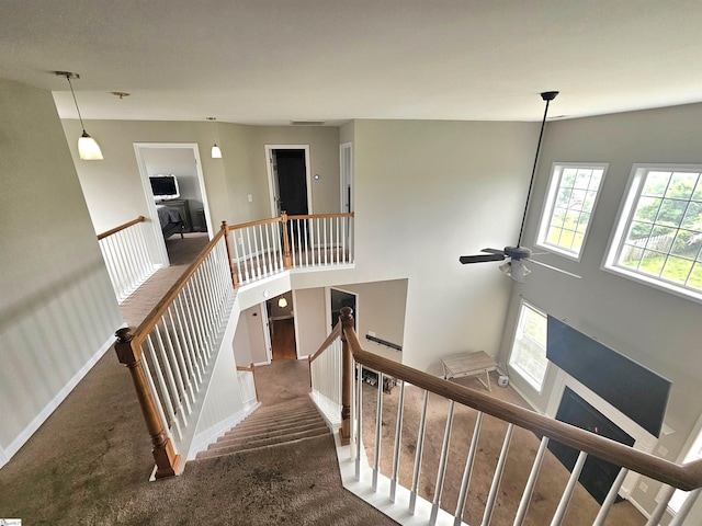 stairway with healthy amount of natural light, carpet, ceiling fan, and baseboards