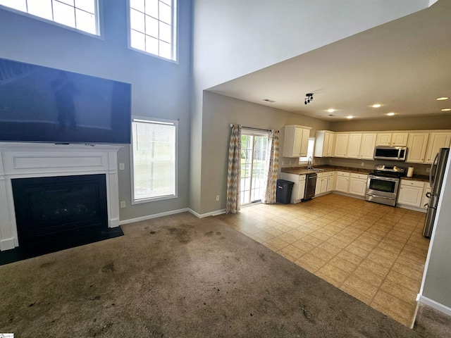 kitchen featuring appliances with stainless steel finishes, a sink, open floor plan, baseboards, and a high ceiling