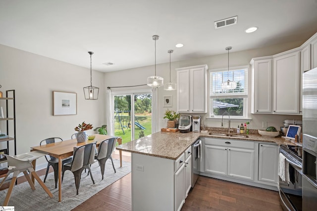 kitchen featuring a sink, stainless steel appliances, a peninsula, white cabinets, and dark wood finished floors