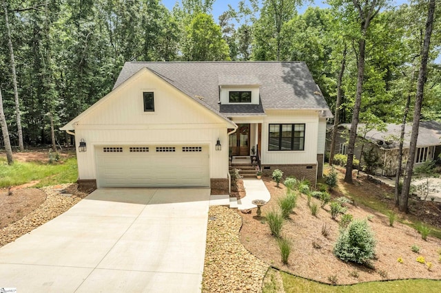 203 N Hogan Dr, Westminster, SC 29693 - modern farmhouse with driveway, roof with shingles, a garage, and crawl space