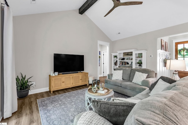 203 N Hogan Dr, Westminster, SC 29693 - living room with wood finished floors, beamed ceiling, a ceiling fan, high vaulted ceiling, and baseboards