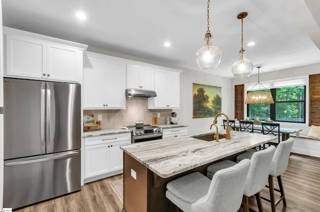 203 N Hogan Dr, Westminster, SC 29693 - kitchen featuring appliances with stainless steel finishes, a sink, under cabinet range hood, light wood-style floors, and decorative backsplash