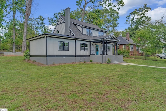 view of front of property featuring a chimney, a porch, and roof with shingles