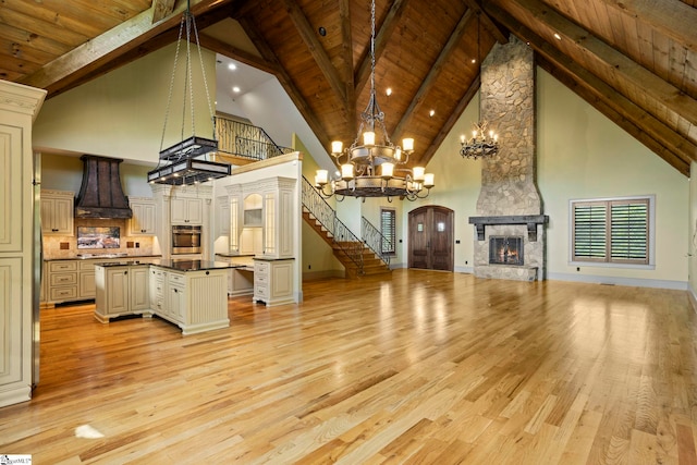 160 Mountain Brook Trl, Greenville, SC 29609 - unfurnished living room featuring high vaulted ceiling, wood ceiling, beamed ceiling, stairs, and light wood finished floors