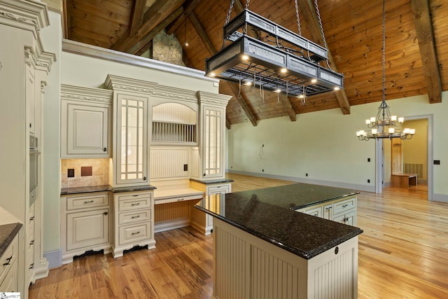 160 Mountain Brook Trl, Greenville, SC 29609 - kitchen with wooden ceiling, beam ceiling, a chandelier, light wood-style floors, and high vaulted ceiling