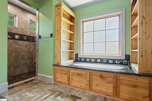 160 Mountain Brook Trl, Greenville, SC 29609 - full bathroom with crown molding, a walk in shower, a bath, and baseboards