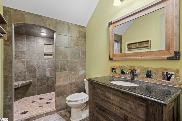 160 Mountain Brook Trl, Greenville, SC 29609 - bathroom featuring walk in shower, toilet, vanity, and vaulted ceiling