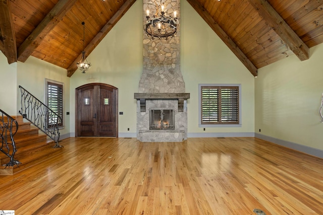 160 Mountain Brook Trl, Greenville, SC 29609 - unfurnished living room with a chandelier, high vaulted ceiling, wood finished floors, a fireplace, and wood ceiling