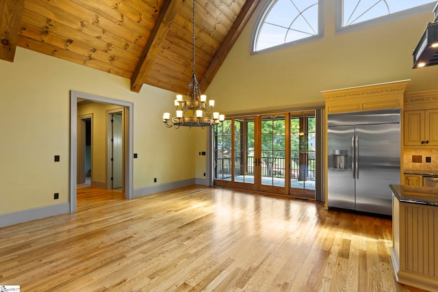 160 Mountain Brook Trl, Greenville, SC 29609 - unfurnished dining area featuring high vaulted ceiling, light wood-style flooring, a chandelier, baseboards, and beam ceiling