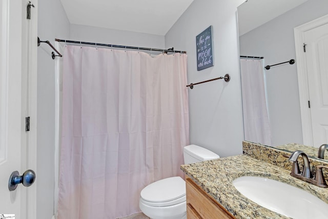bathroom featuring toilet, vanity, and a shower with shower curtain