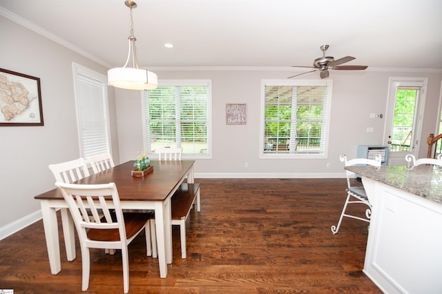 dining area featuring crown molding, ceiling fan, baseboards, dark wood-style floors, and recessed lighting