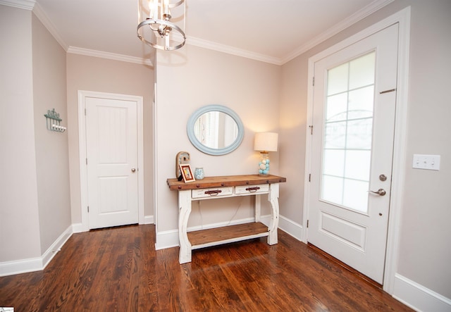doorway to outside with wood finished floors, a chandelier, baseboards, and ornamental molding