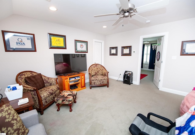 living area featuring a ceiling fan, carpet flooring, recessed lighting, baseboards, and vaulted ceiling