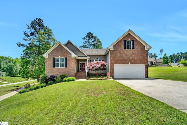5 Laurelcrest Ln, Travelers Rest, SC 29690 - view of front of home with brick siding, a garage, driveway, and a front lawn
