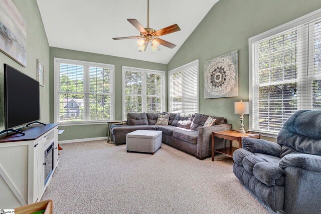 5 Laurelcrest Ln, Travelers Rest, SC 29690 - carpeted living area with ceiling fan, baseboards, and high vaulted ceiling