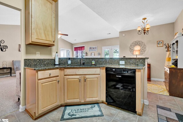 5 Laurelcrest Ln, Travelers Rest, SC 29690 - kitchen featuring dishwasher, a sink, light brown cabinetry, a ceiling fan, and a chandelier