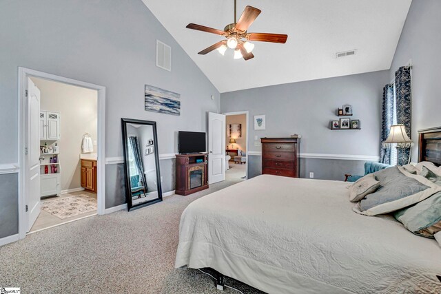 5 Laurelcrest Ln, Travelers Rest, SC 29690 - bedroom featuring high vaulted ceiling, light carpet, baseboards, ceiling fan, and ensuite bath
