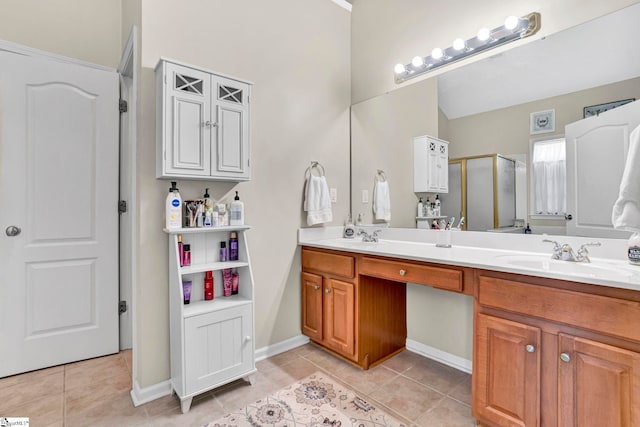 5 Laurelcrest Ln, Travelers Rest, SC 29690 - bathroom with tile patterned floors, a stall shower, double vanity, and baseboards