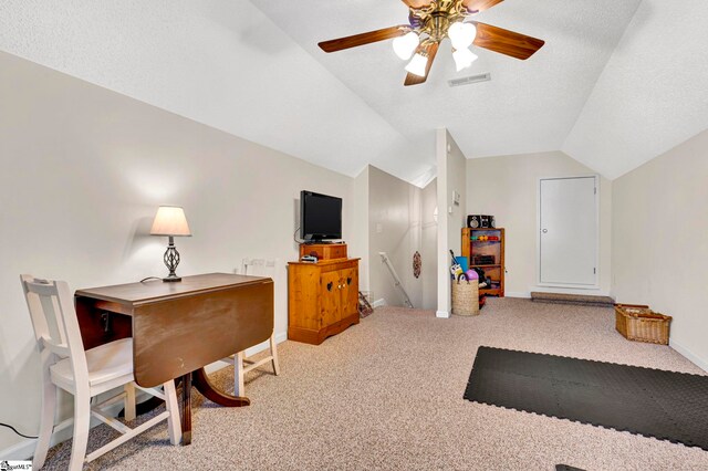 5 Laurelcrest Ln, Travelers Rest, SC 29690 - home office featuring lofted ceiling, carpet flooring, a ceiling fan, baseboards, and a textured ceiling
