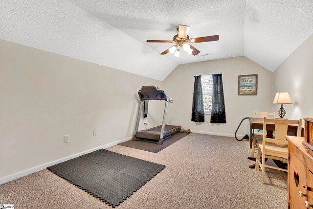 5 Laurelcrest Ln, Travelers Rest, SC 29690 - workout room featuring a ceiling fan, lofted ceiling, carpet, baseboards, and a textured ceiling