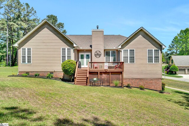 5 Laurelcrest Ln, Travelers Rest, SC 29690 - back of property with crawl space, a deck, stairs, a lawn, and a chimney