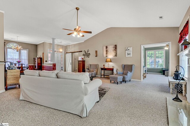 5 Laurelcrest Ln, Travelers Rest, SC 29690 - living room featuring a barn door, carpet floors, a ceiling fan, baseboards, and vaulted ceiling