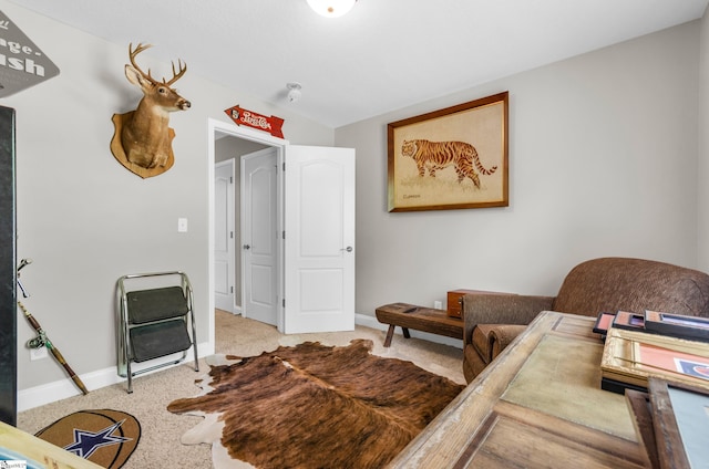 office featuring baseboards and light carpet