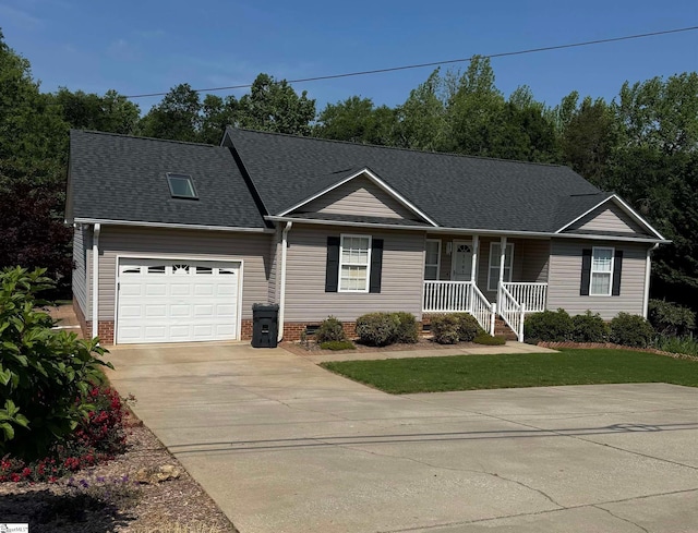 single story home featuring covered porch, a garage, driveway, roof with shingles, and a front lawn