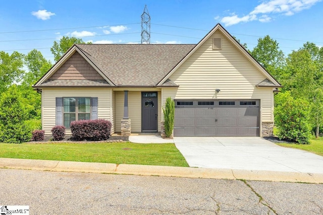 208 Laurel Trace Cir, Piedmont, SC 29673 - view of front facade with a garage, concrete driveway, a front lawn, stone siding, and a shingled roof