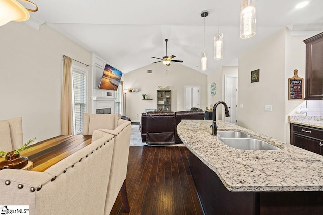 208 Laurel Trace Cir, Piedmont, SC 29673 - kitchen featuring a sink, dark brown cabinetry, dark wood-type flooring, a ceiling fan, and lofted ceiling