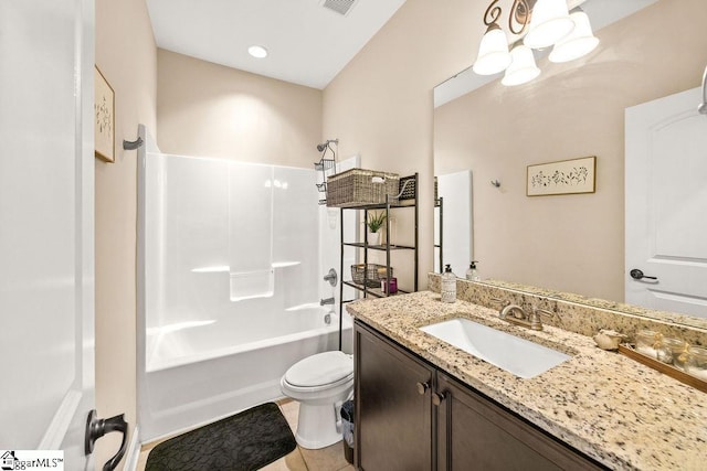208 Laurel Trace Cir, Piedmont, SC 29673 - full bath featuring a chandelier, toilet, vanity, tub / shower combination, and tile patterned flooring