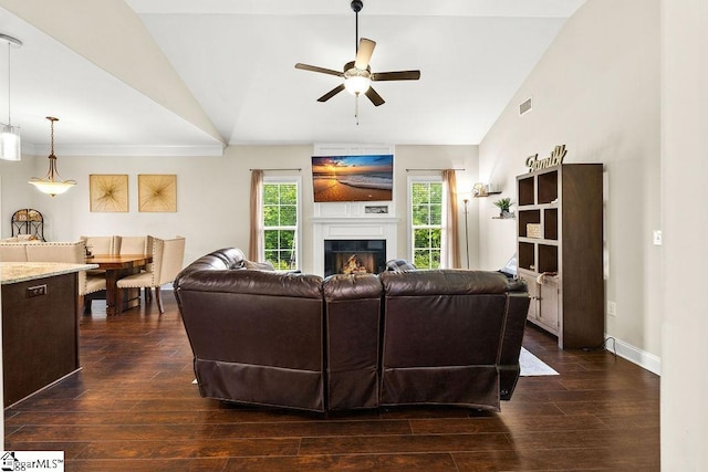 208 Laurel Trace Cir, Piedmont, SC 29673 - living room with lofted ceiling, a ceiling fan, dark wood-type flooring, a warm lit fireplace, and baseboards