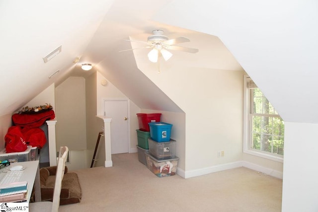 bonus room with carpet, vaulted ceiling, and ceiling fan