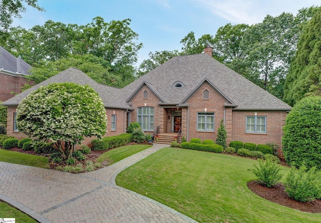 view of front of property with brick siding, a chimney, a front lawn, and roof with shingles