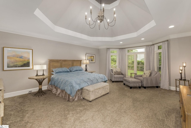 bedroom featuring carpet, ornamental molding, a chandelier, baseboards, and recessed lighting