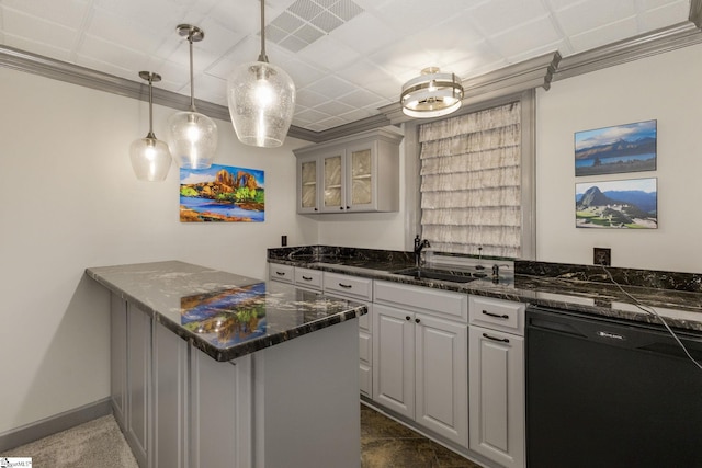 bar with black dishwasher, a sink, pendant lighting, and ornamental molding