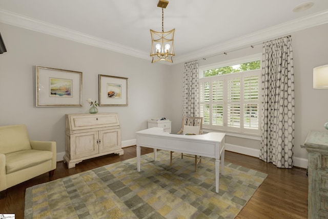 office space with baseboards, ornamental molding, a chandelier, and dark wood-style flooring
